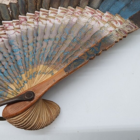 Antique Hand Painted Folding Hand Fan Elegant Ladies Design Wooden Ribs Wall Art - Picture 4 of 11